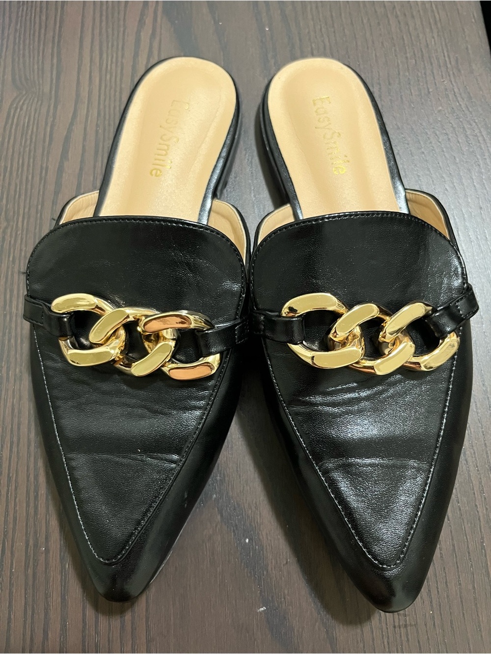 Black Pointed Leather Mules with Gold Chain Accent